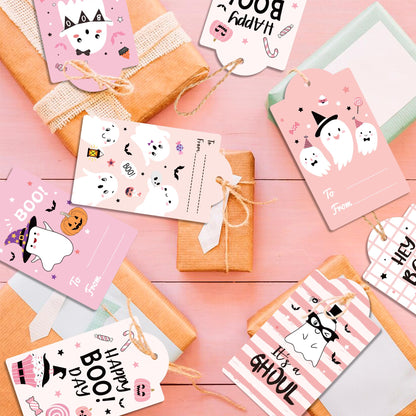 MOZUI Halloween Thank You Tags 60pcs Pink Black Ghost Pumpkin Kraft Paper
