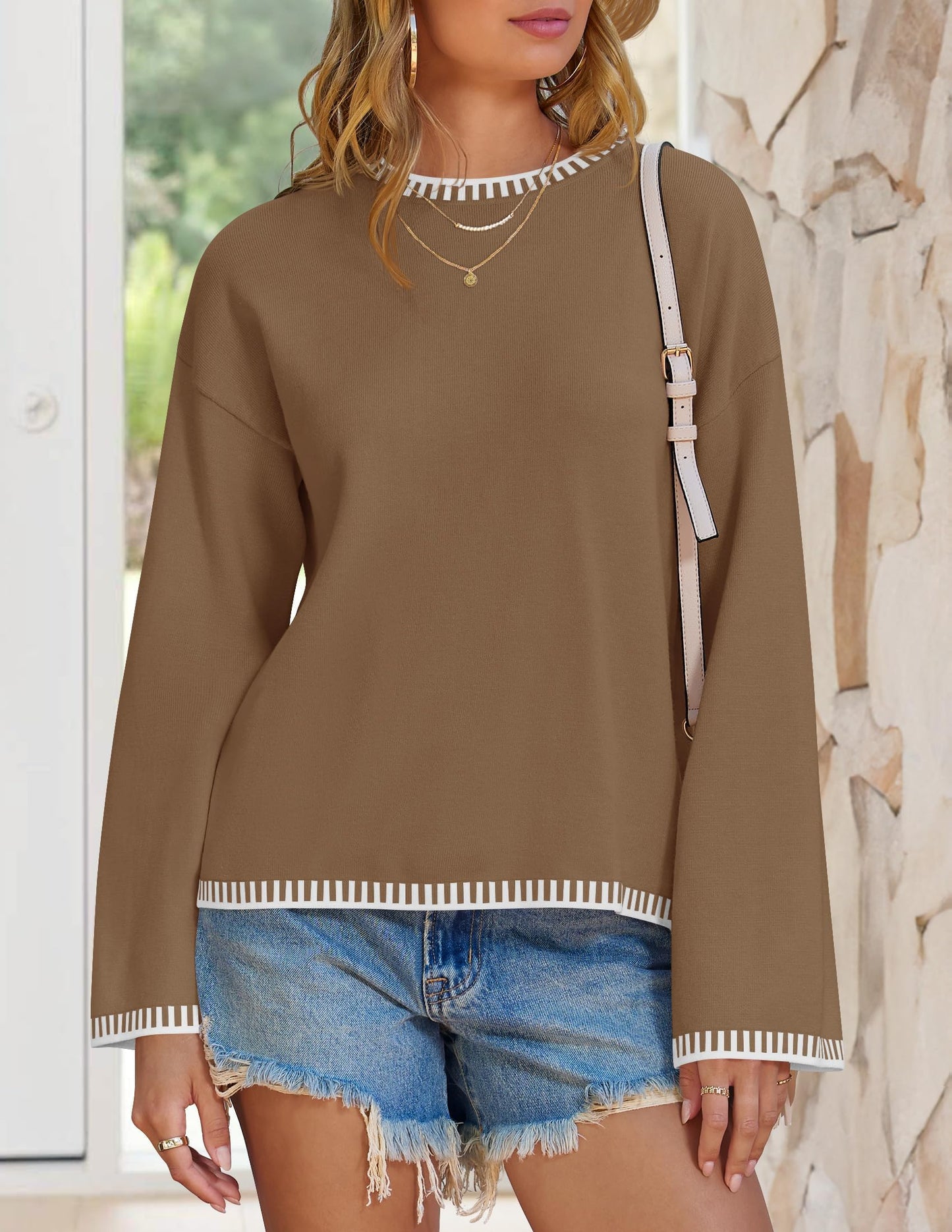 ZESICA Women's Oversized Ribbed Knit Sweater Crewneck Brown Size S