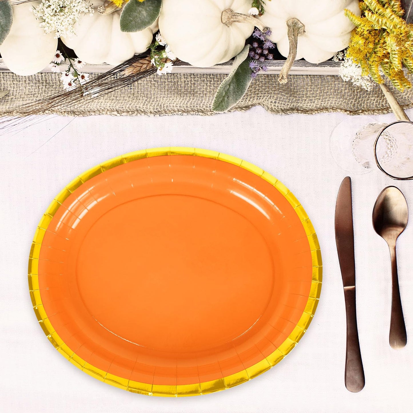 JarThenaAMCS 40Pcs Fall Oval Paper Plates Orange Gold Foil 9x7.7in