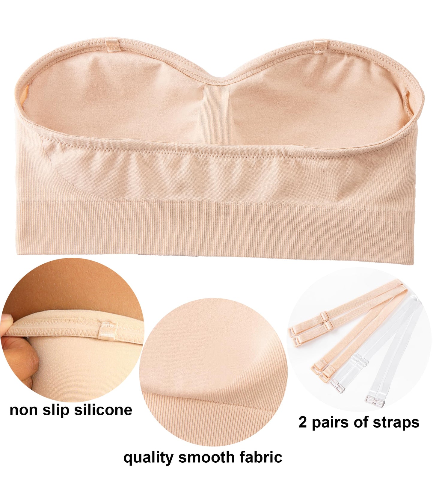 PRETTYWELL Strapless Padded Bandeau Bra Wireless Seamless Beige Size M