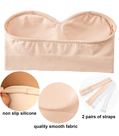 PRETTYWELL Strapless Padded Bandeau Bra Wireless Seamless Beige Size M