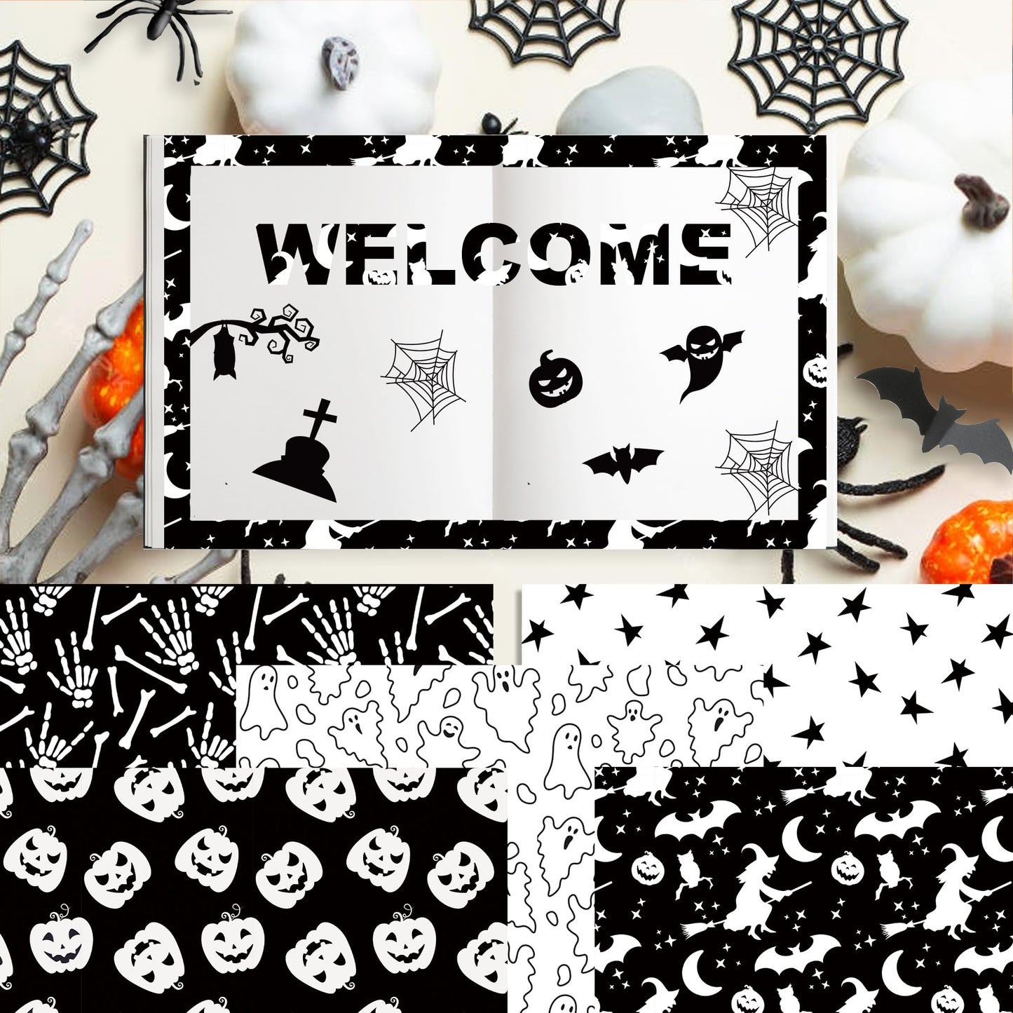 Halloween Scrapbook Paper 24 Sheets 11.8x11.8 Black & White Double-Sided