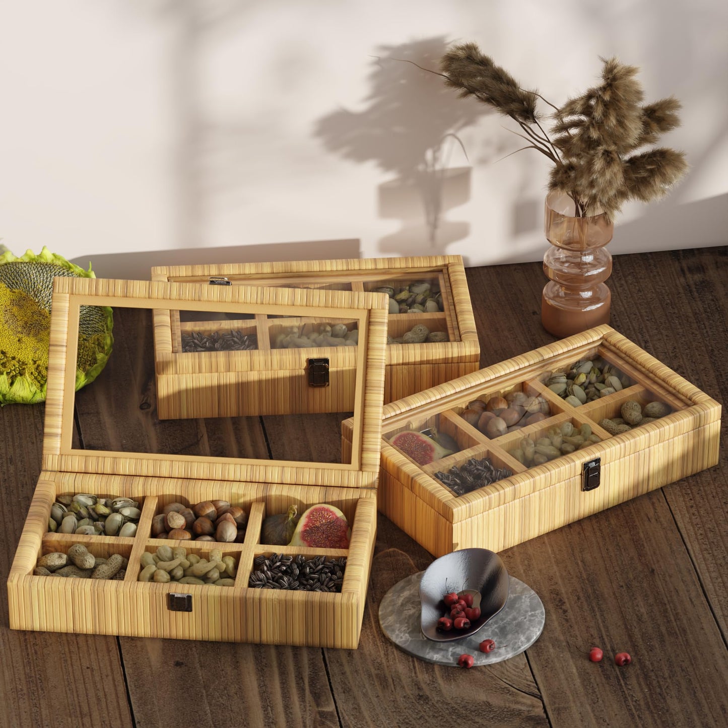 Fllamo Rattan Storage Box with Lid 6 Compartments Brown 11.8x7.8x3in
