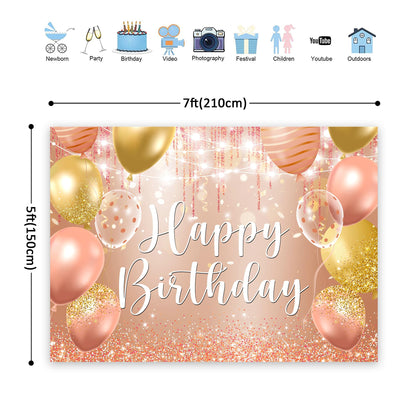 Riyidecor Happy Birthday Backdrop Champagne Pink Gold Balloons 7x5ft Polyester