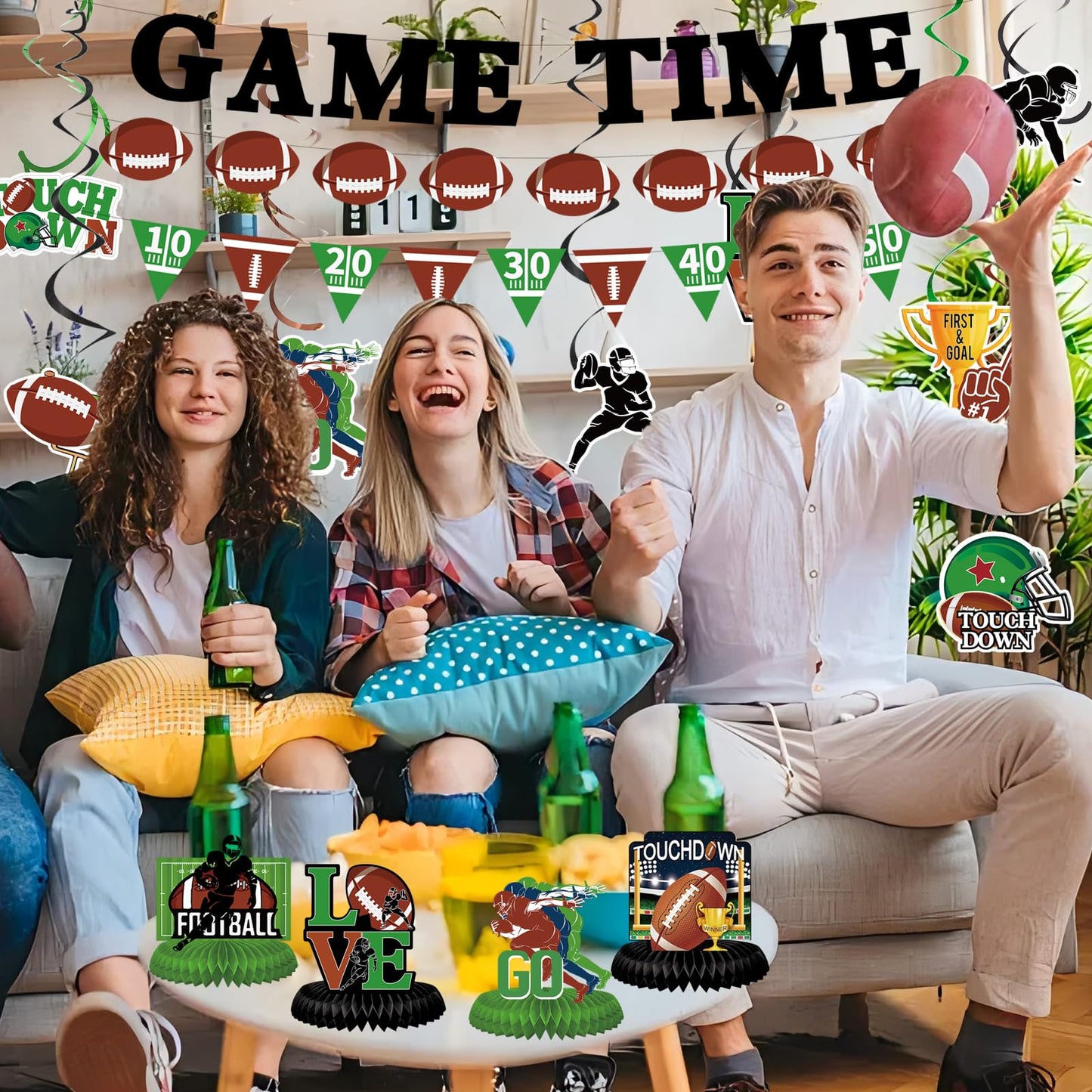 Koeilay Game Time Football Banner & Decorations Green Brown Party Supplies