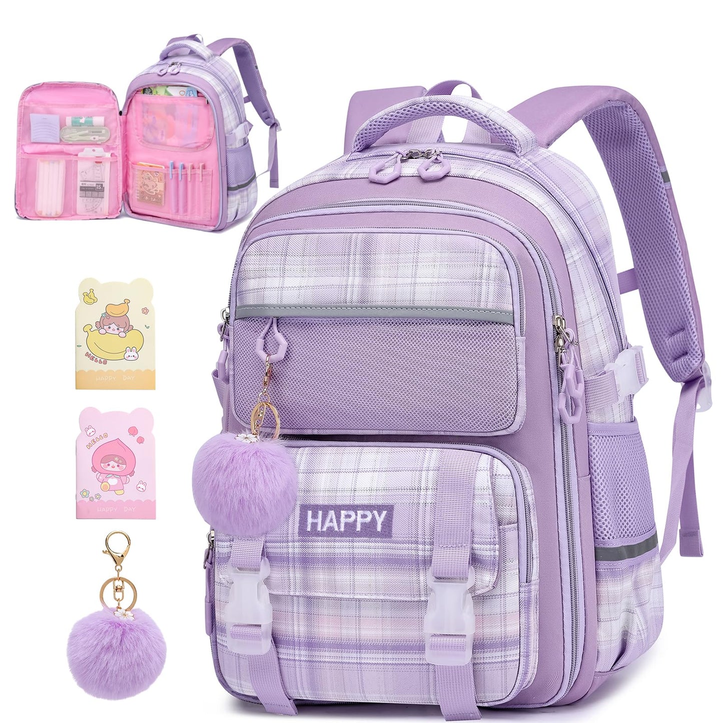 KEBEIXUAN Backpack Set 3PCS School Lunch Box Pencil Case Pink 11.81x7.87x17.32