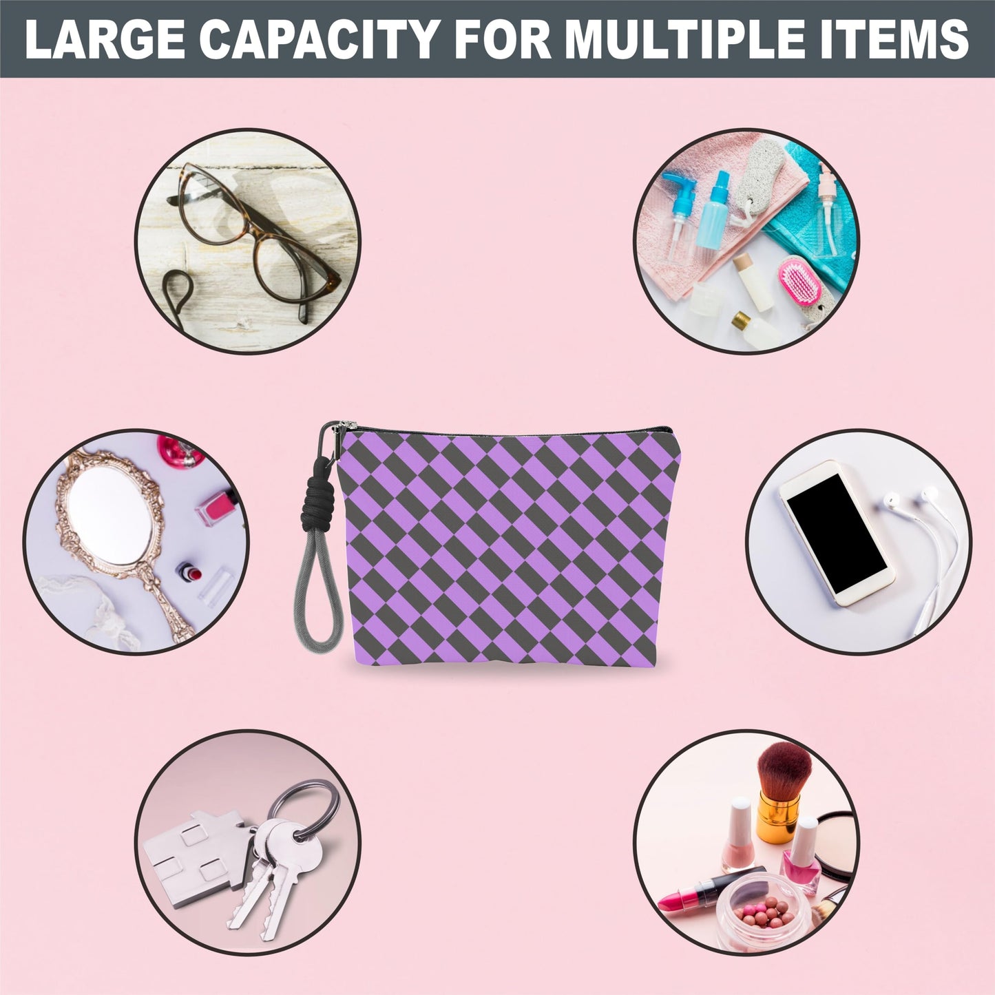 luixd Cosmetic Makeup Bag Travel Pouch Organizer Black Purple Checkerboard