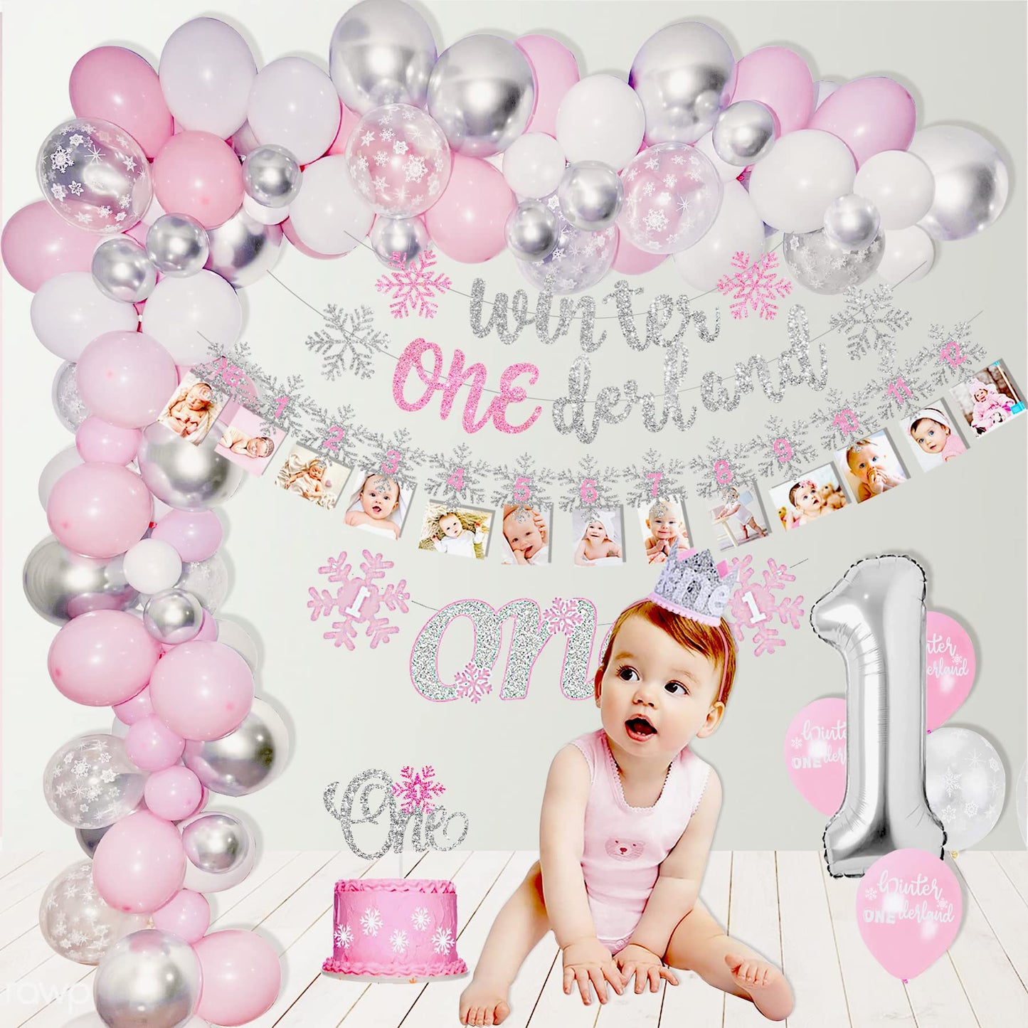 Shempeium Winter Onederland 1st Girl Banner Snowflake Pink Garland