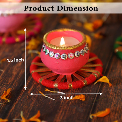 4OUR FAITH Matki Wax Filled Diya Set Handpainted Terracotta 6 Pc Multicolor