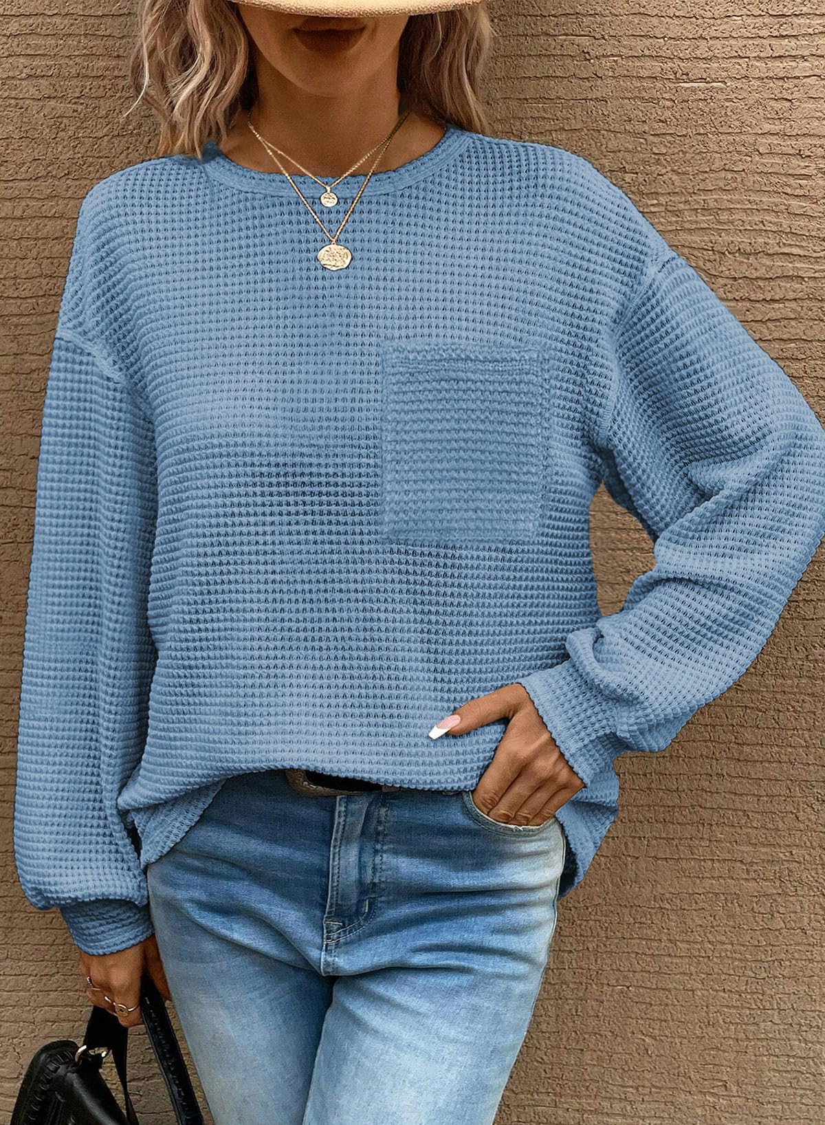 Dokotoo Women's Long Sleeve Waffle Crewneck Top Dusk Blue Size XX-Large