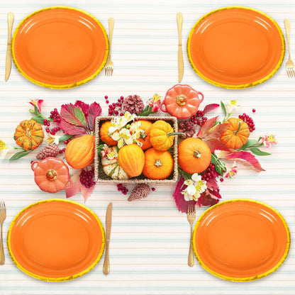 JarThenaAMCS 40Pcs Fall Oval Paper Plates Orange Gold Foil 9x7.7in