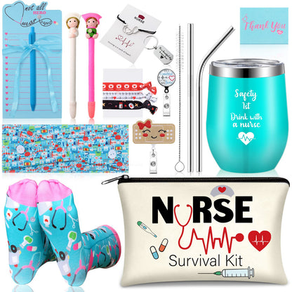 Hotop Nurse Appreciation Gift Set 19 Pcs Makeup Bag Badge Reel Wine Tumbler