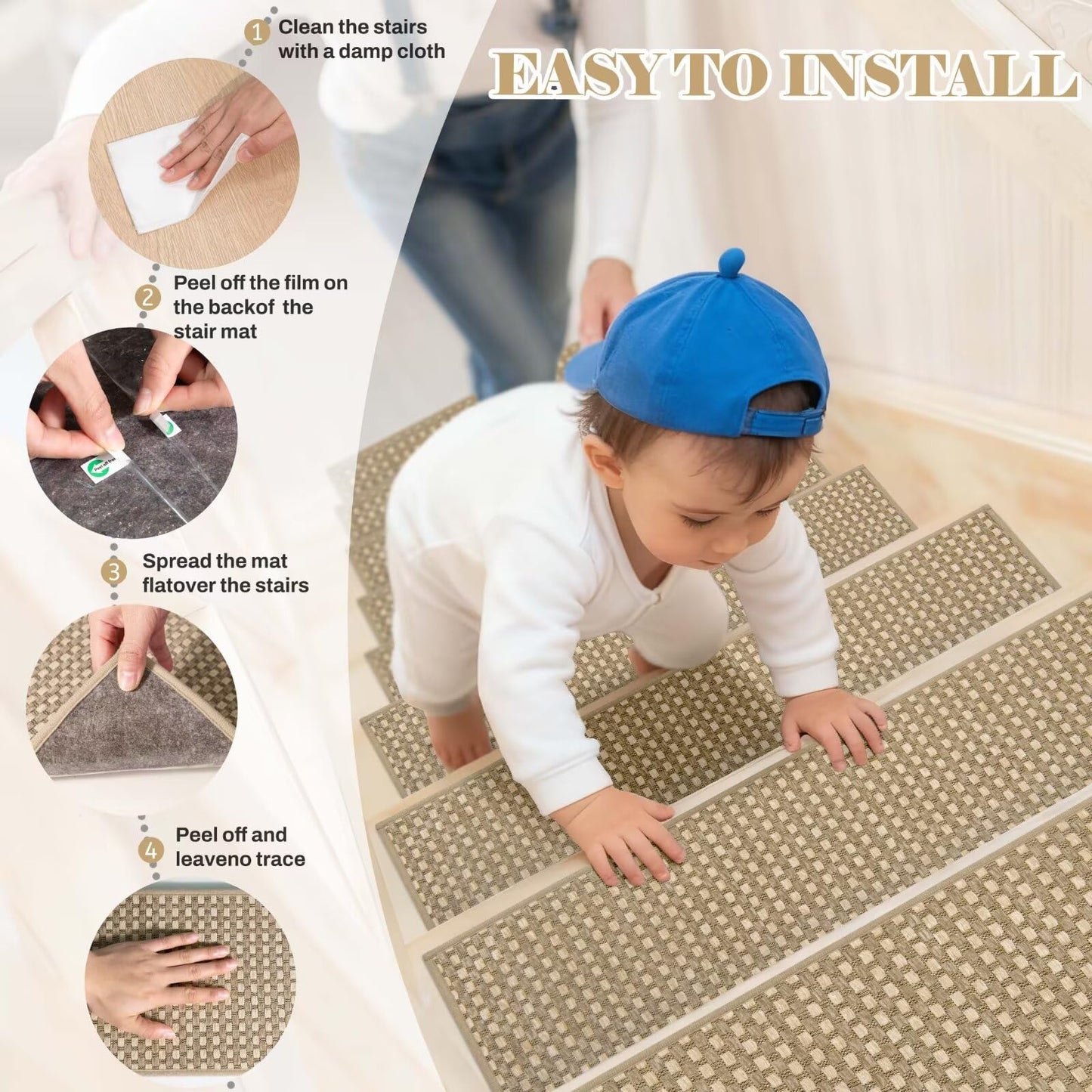 DEXDE 4-Pack Non-Slip Chenille Linen Stair Treads 9x30 Beige