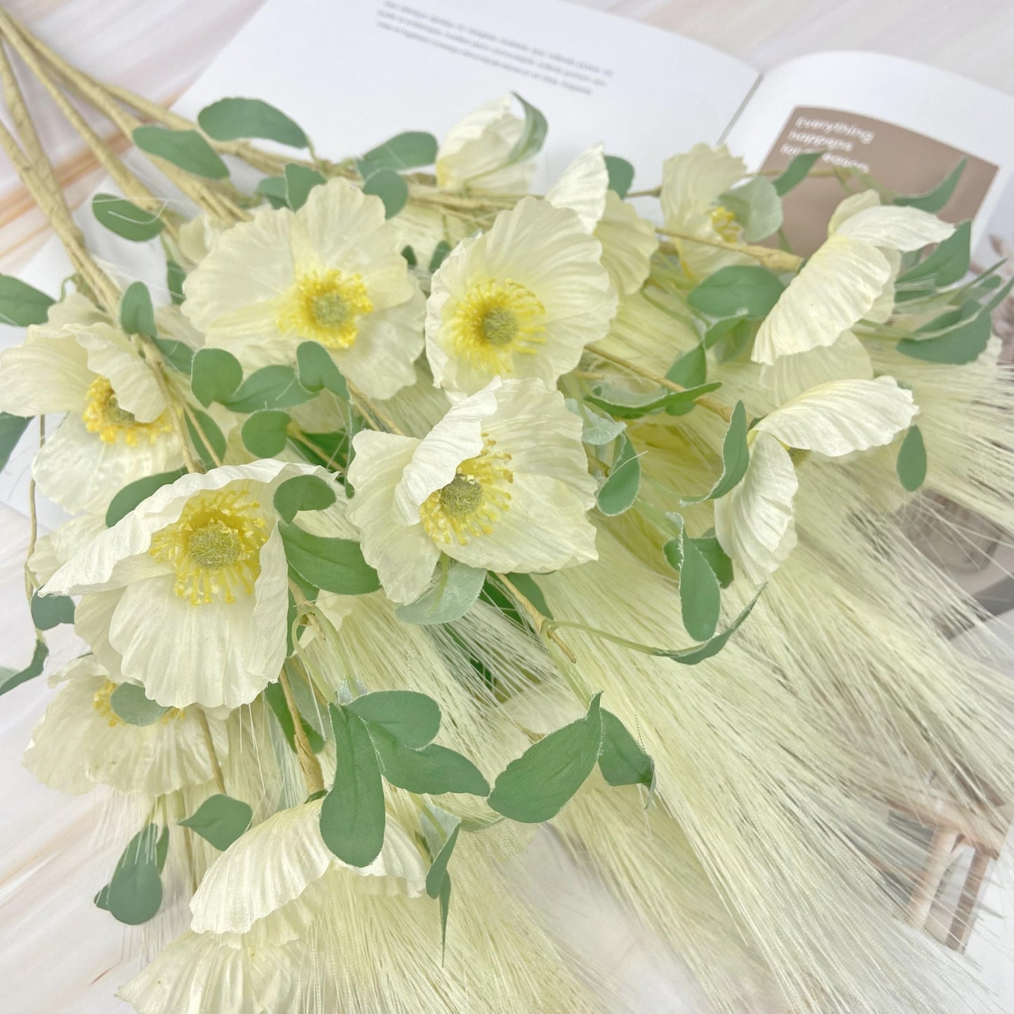 NoriStyle Silk White Artificial Poppy Flowers 6 Pcs Long Stems Indoor Decor