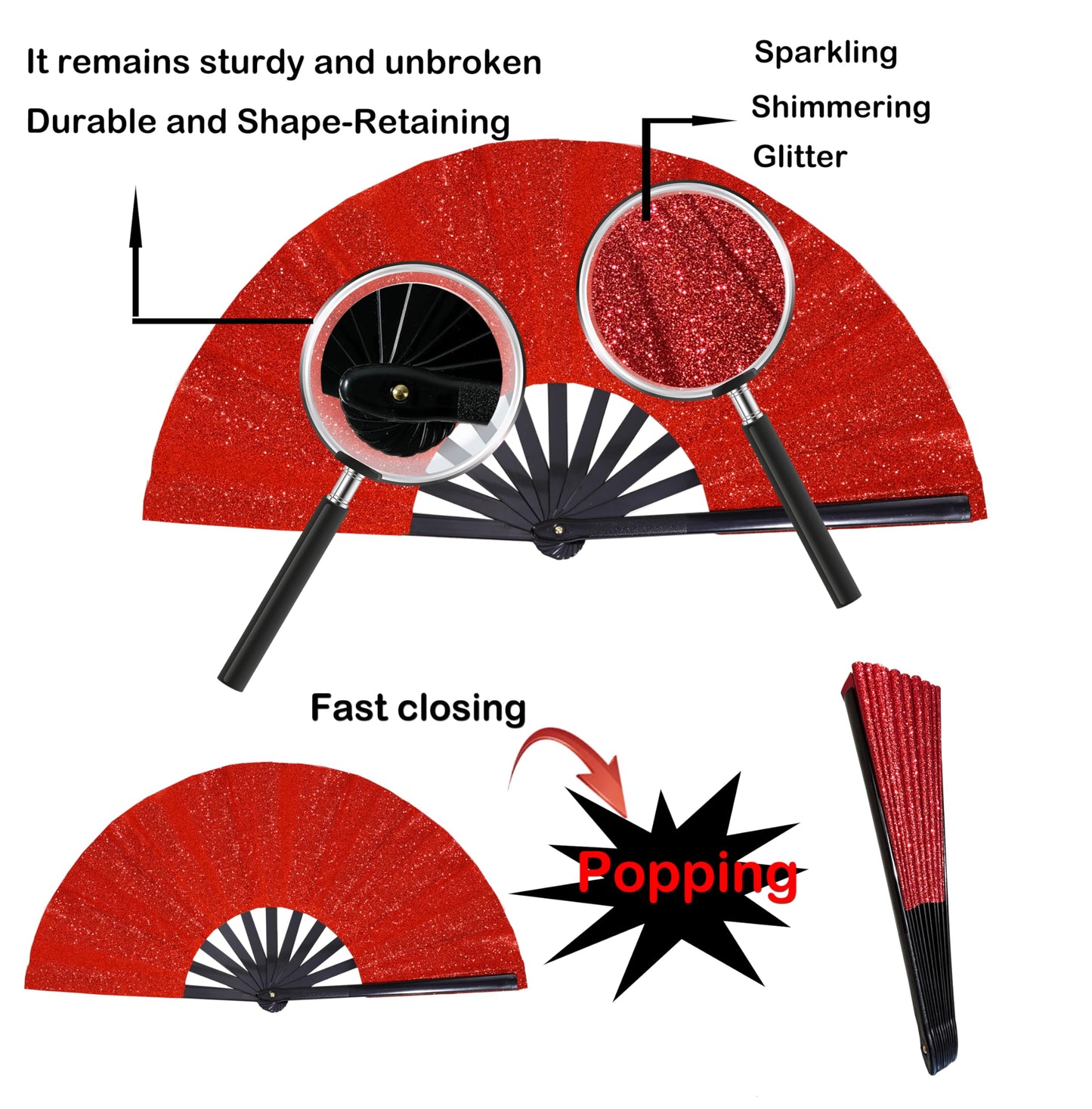 GeGeYa Large Folding Hand Fan Red Glitter for Dance Party Outdoor Decor