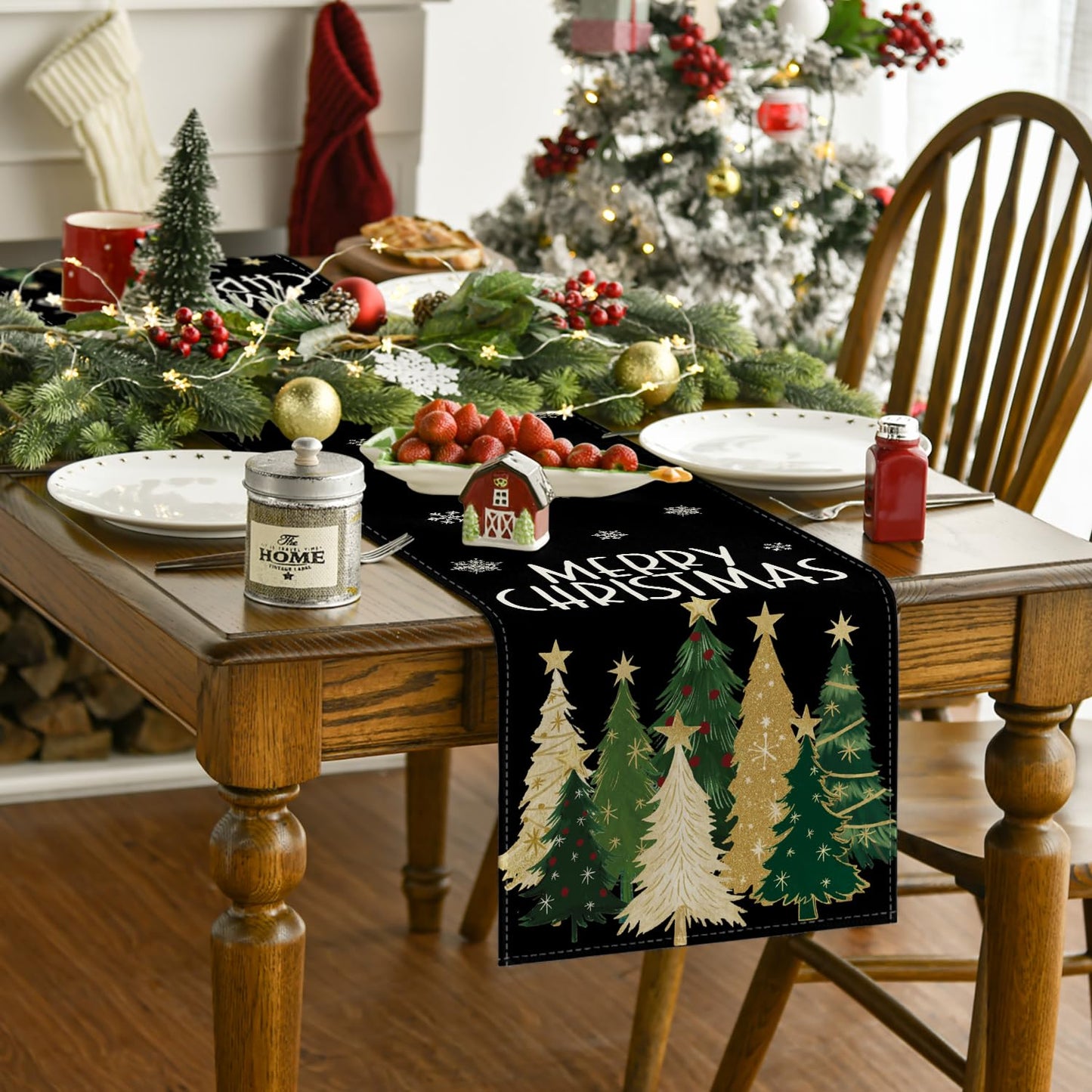 Artoid Mode Xmas Trees Snowflakes Table Runner Black 13x36 Inch