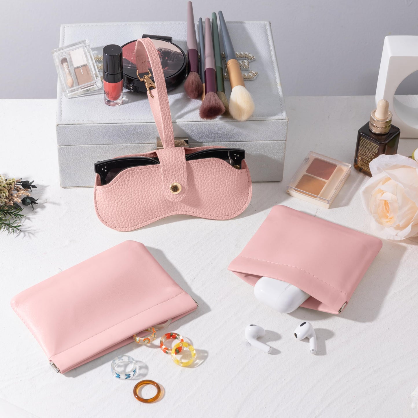 GQIRIL Mini Travel Cosmetic Bag Set 3PCS Waterproof Leather Pink