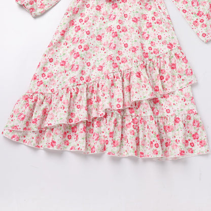 AWIBMK Mommy and Me Floral Boho A-Line V Neck Long Sleeve Dress Blue Pink Size L