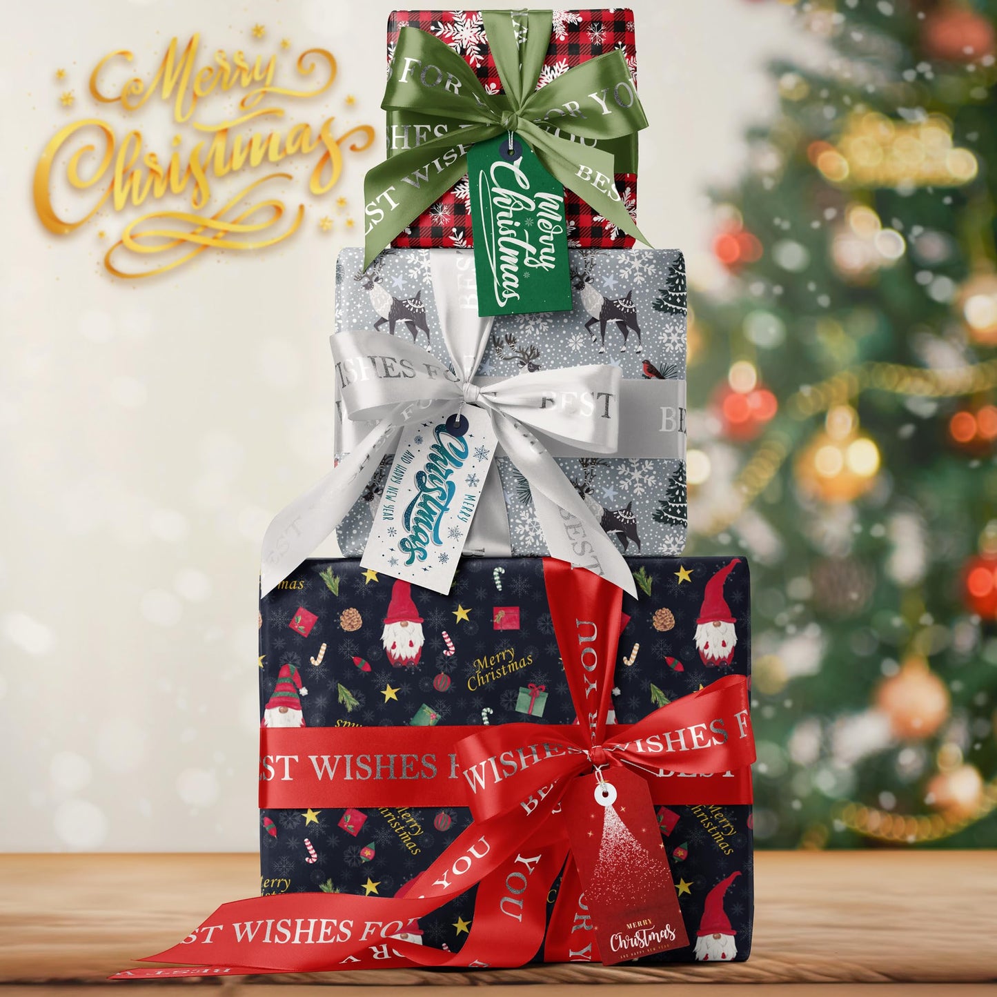 GIOLNIAY Gnome Christmas Wrapping Paper Navy Blue 4 Jumbo Sheets 28x40