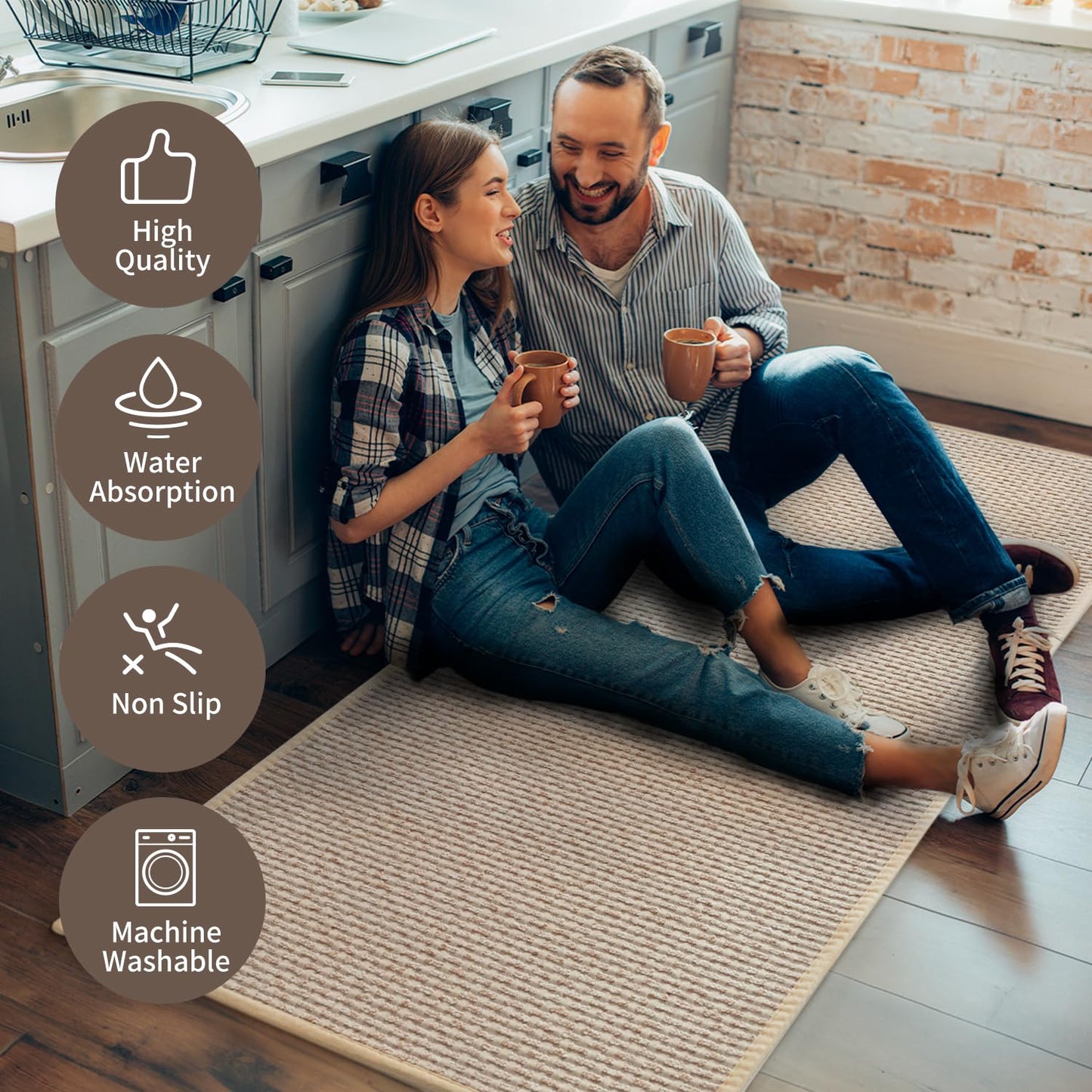 AMOAMI Kitchen Mat Rug Non Slip Machine Washable 20x47 Light Tan