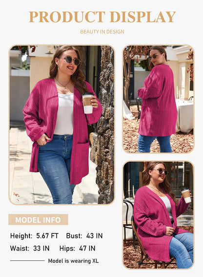 Eytino Womens Plus Size Casual Open Front Long Sleeve Red Dahlia Size 2XL