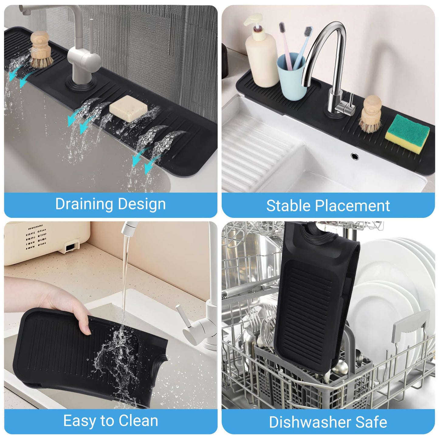 AIZOE Silicone Sink Splash Guard Faucet Mat 23.6in Black Kitchen Bathroom