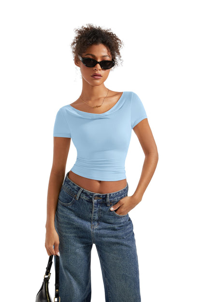 SUUKSESS Women Off Shoulder Cowl Neck Short Sleeve Top Light Blue Size M
