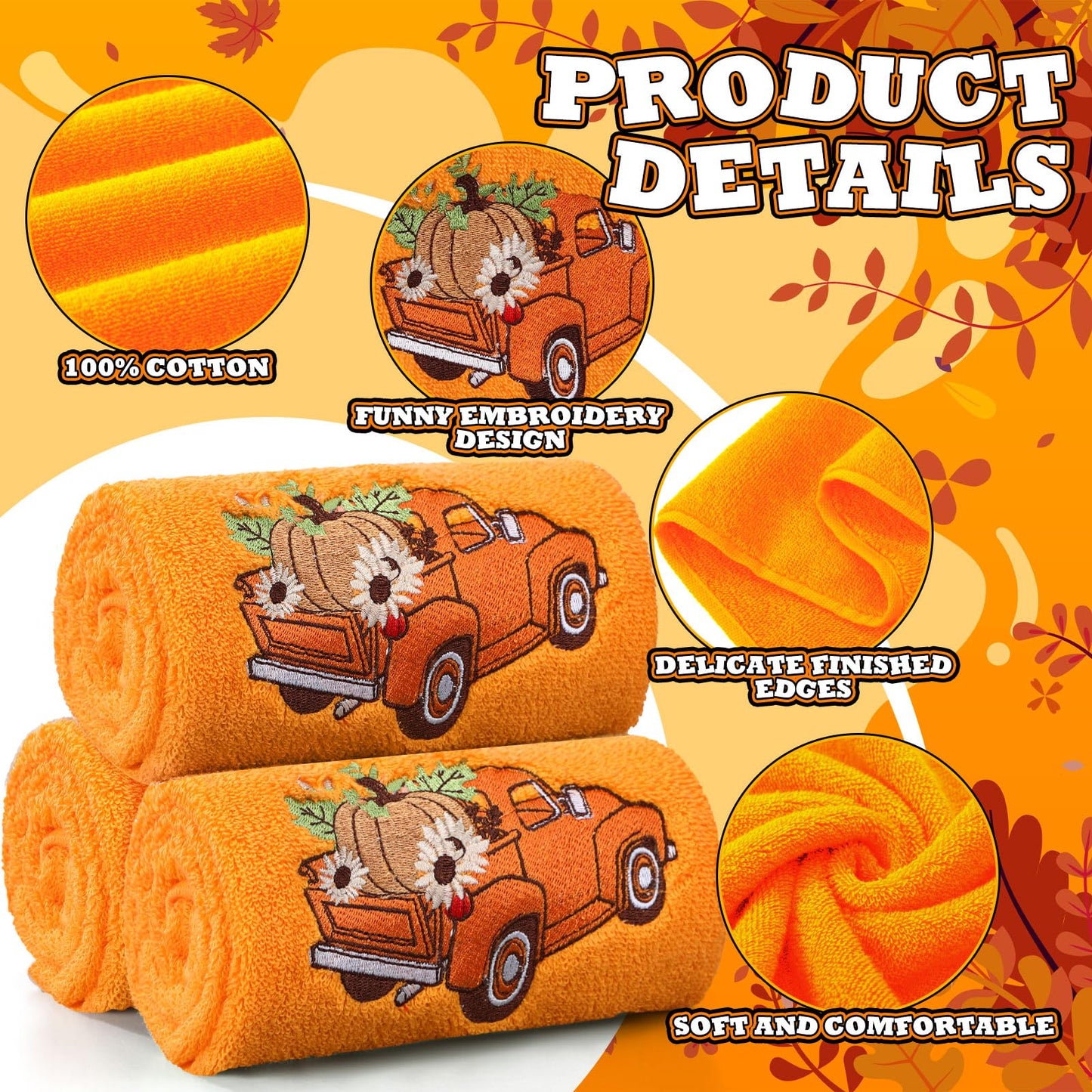 Fanfanwin 3 Pcs Thanksgiving Hand Towels Orange Pumpkin 13.8x29.5 Inch Cotton