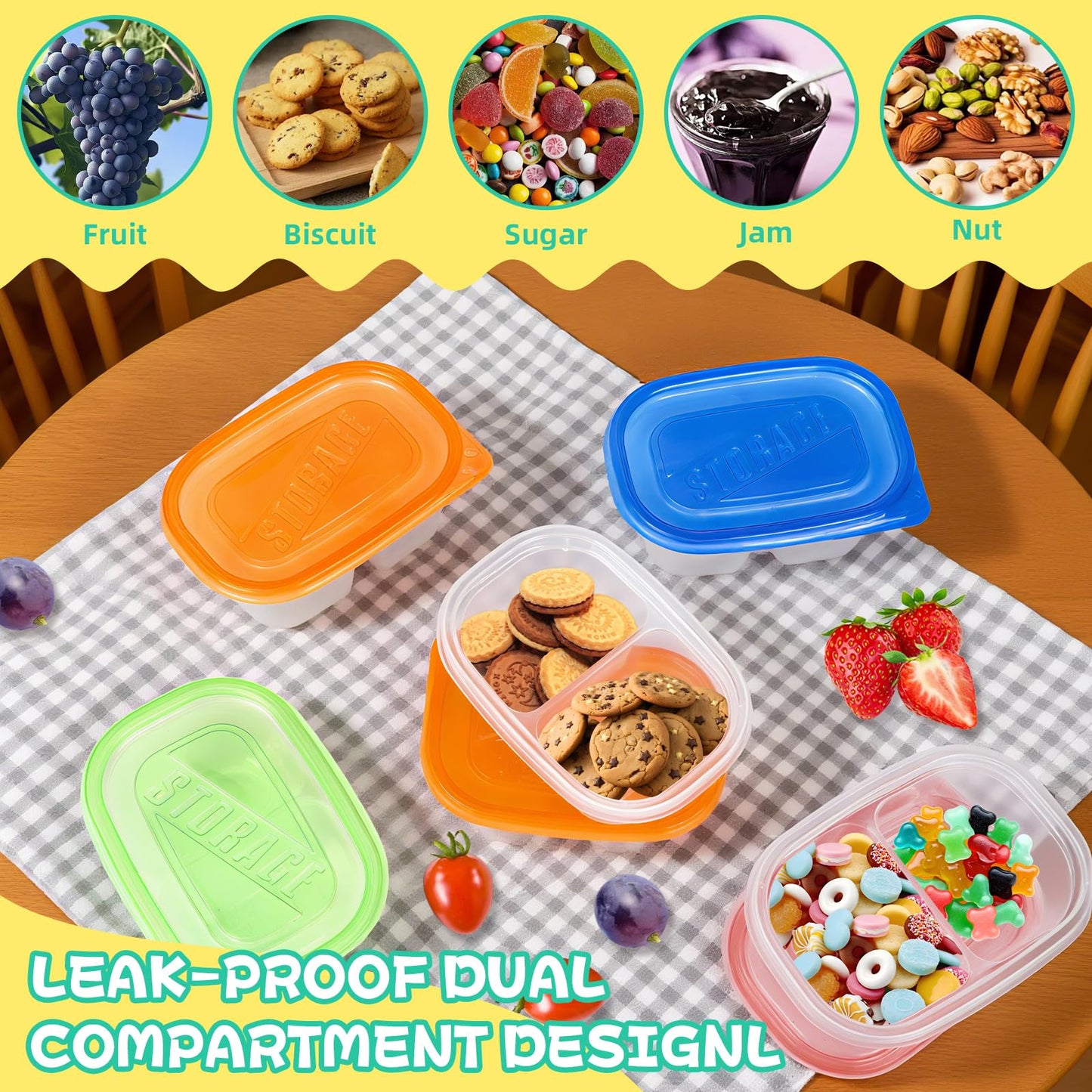ISUSSER 50Pc Reusable Snack Pack Containers Double Compartment Clear Plastic