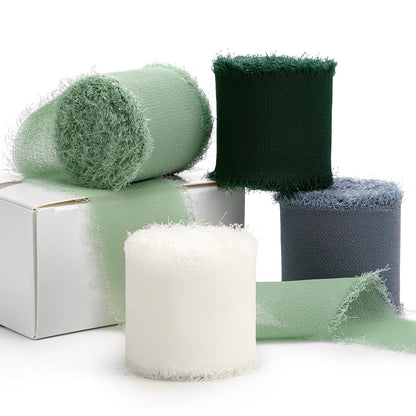 YANGTE Handmade Chiffon Silk Ribbon 1.5in x 28yd 4 Rolls Ivory Green Blue