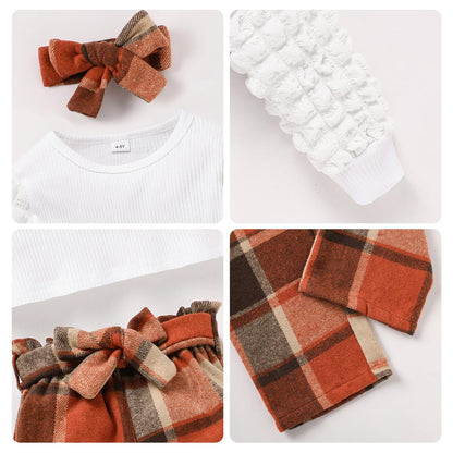 TITKKOP Toddler Baby Girl Ribbed Top Plaid Pants Belt Set Orange Grid Size 4-5T
