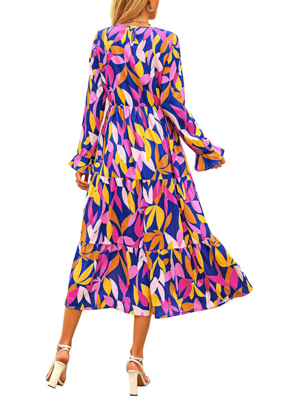 KIRUNDO Womens Long Sleeve Boho Floral Midi Dress Blue Purple Size M