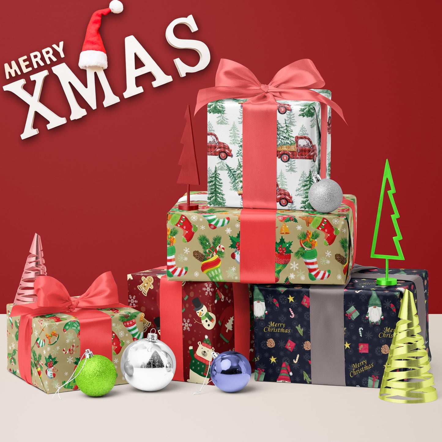 GIOLNIAY Gnome Christmas Wrapping Paper Navy Blue 4 Jumbo Sheets 28x40