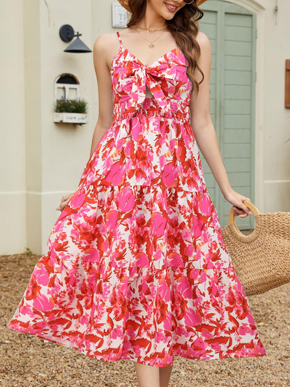 Gardenwed Women's Floral Print Maxi Dress Twisted V Neck Sleeveless Red Pink L