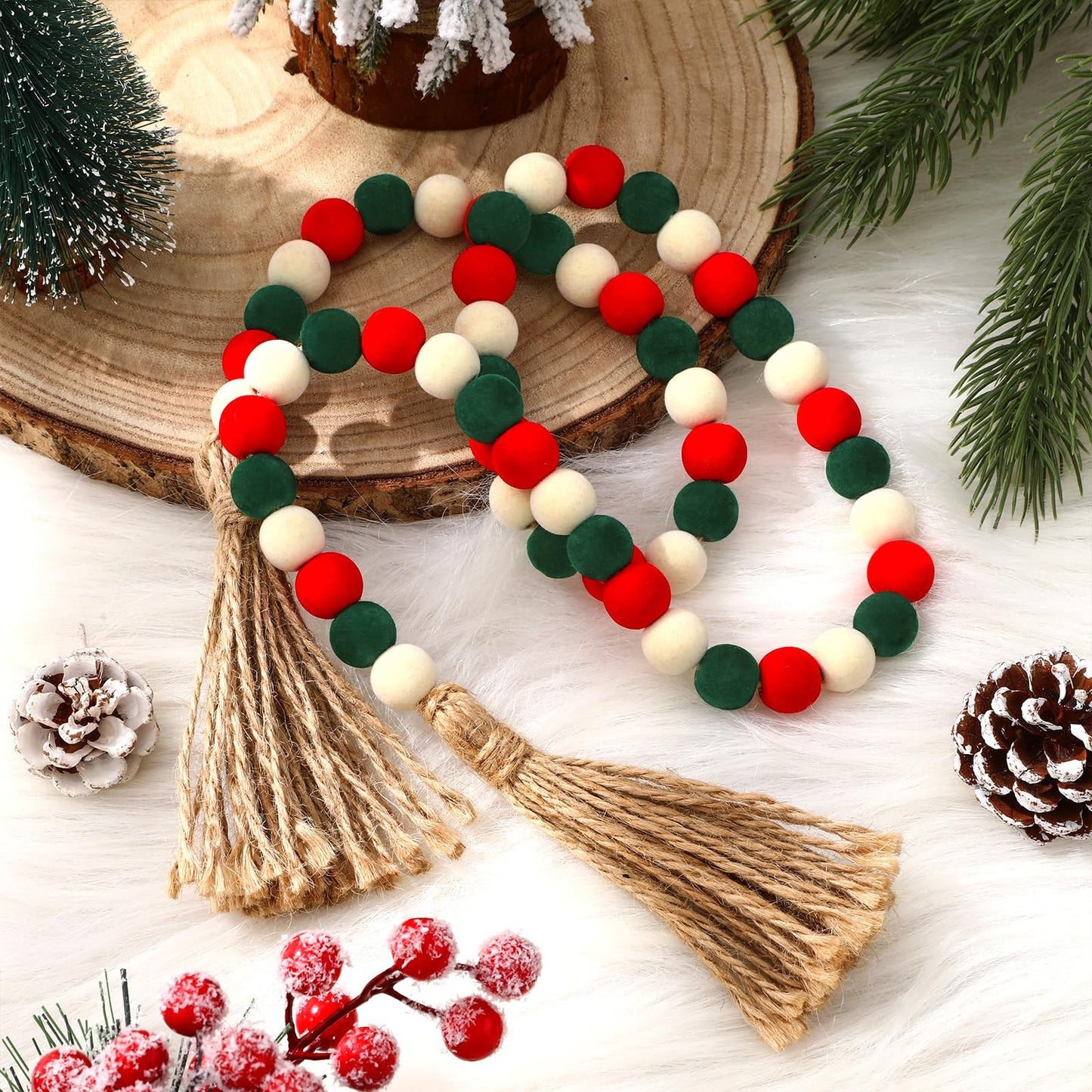 Canlierr Velvet Christmas Bead Garland 39in Neutral Flock Beads Tassels