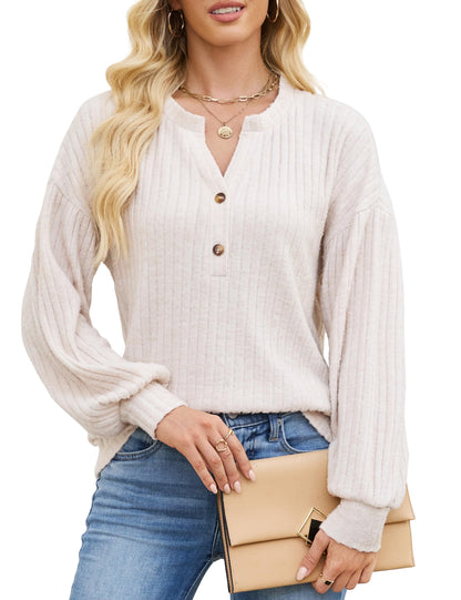 Edelqual Women's Long Sleeve Henley V Neck Sweater Blue Size L
