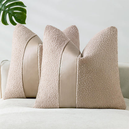 Laolitou 2 Pack Boucle Pillow Covers 18x18 Inch Faux Leather Oatmeal