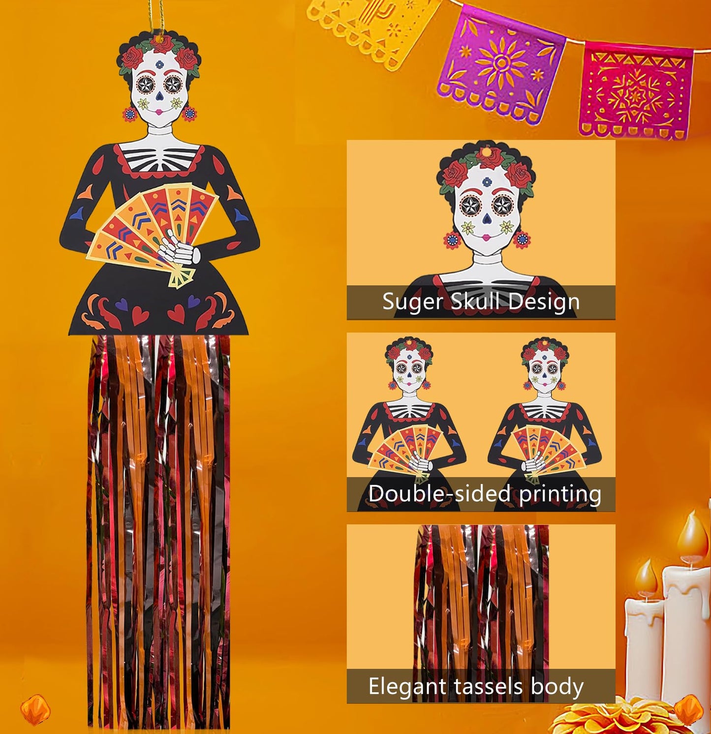 Aovaely 4PCS Day of the Dead Sugar Skull Hanging Decorations Dia De Los Muertos