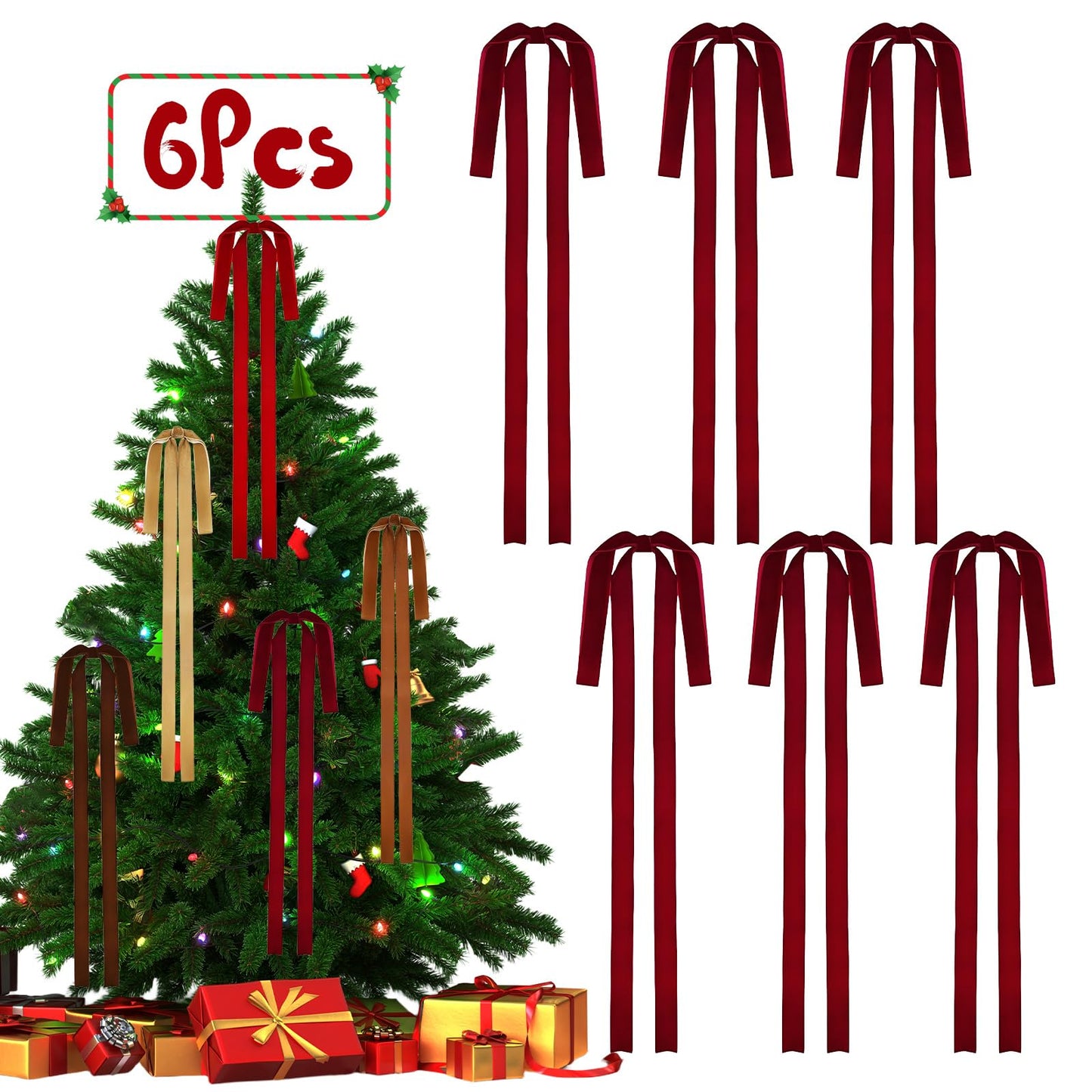 Rokkibom 6 PCS Large Burgundy Velvet Ribbon Bows 23.5x15.5 Inch Christmas