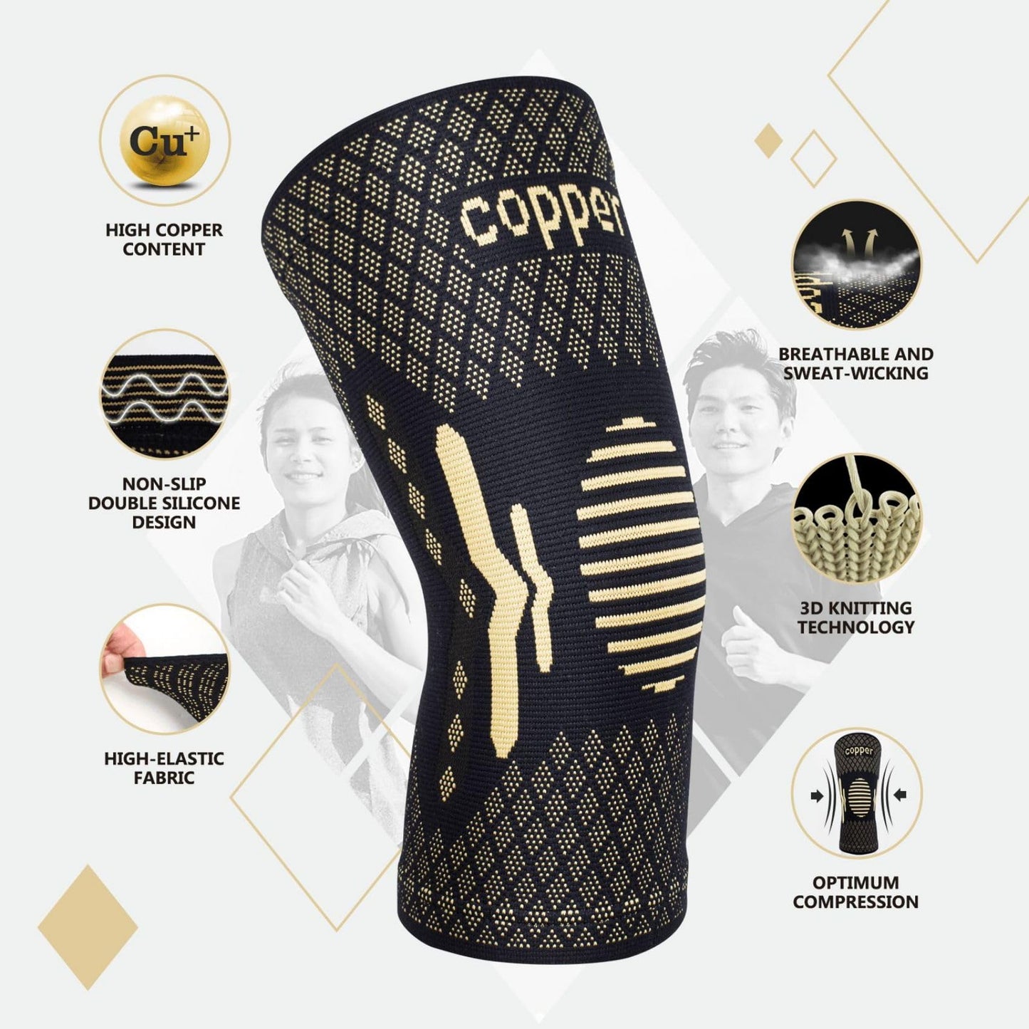 Lusenone Copper Knee Brace Compression Sleeve 2 Pack Black Size L