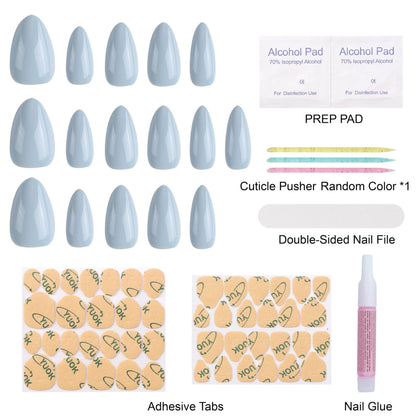 KBS Designer Handmade Press On Nails Blue Short French Tip Almond 16 Sizes Kit