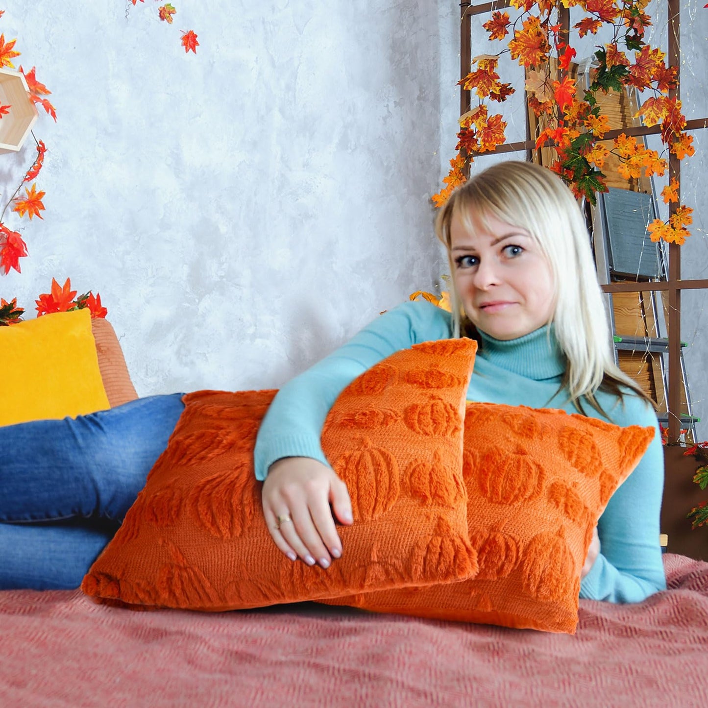 HunnmingRe 2 Pc Pumpkin Throw Pillow Covers 18x18 Orange Autumn Decor