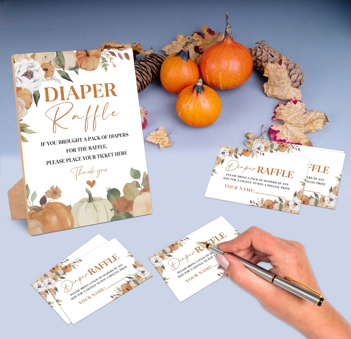 Serach Little Pumpkin Baby Shower Diaper Raffle Sign with Stand & 50 Tickets