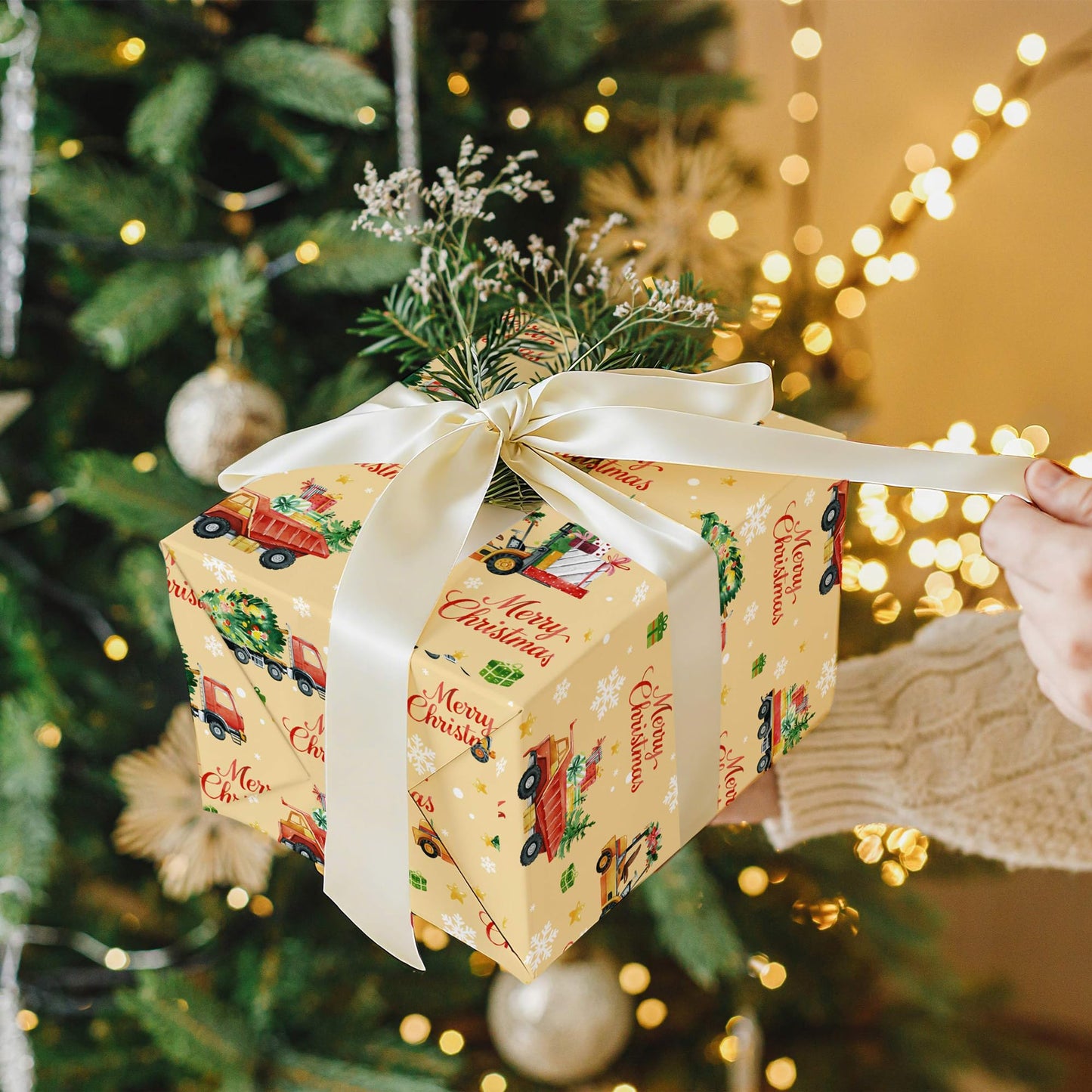 WRAPLULU Christmas Truck Wrapping Paper 4 Jumbo Sheets 28x40in Yellow