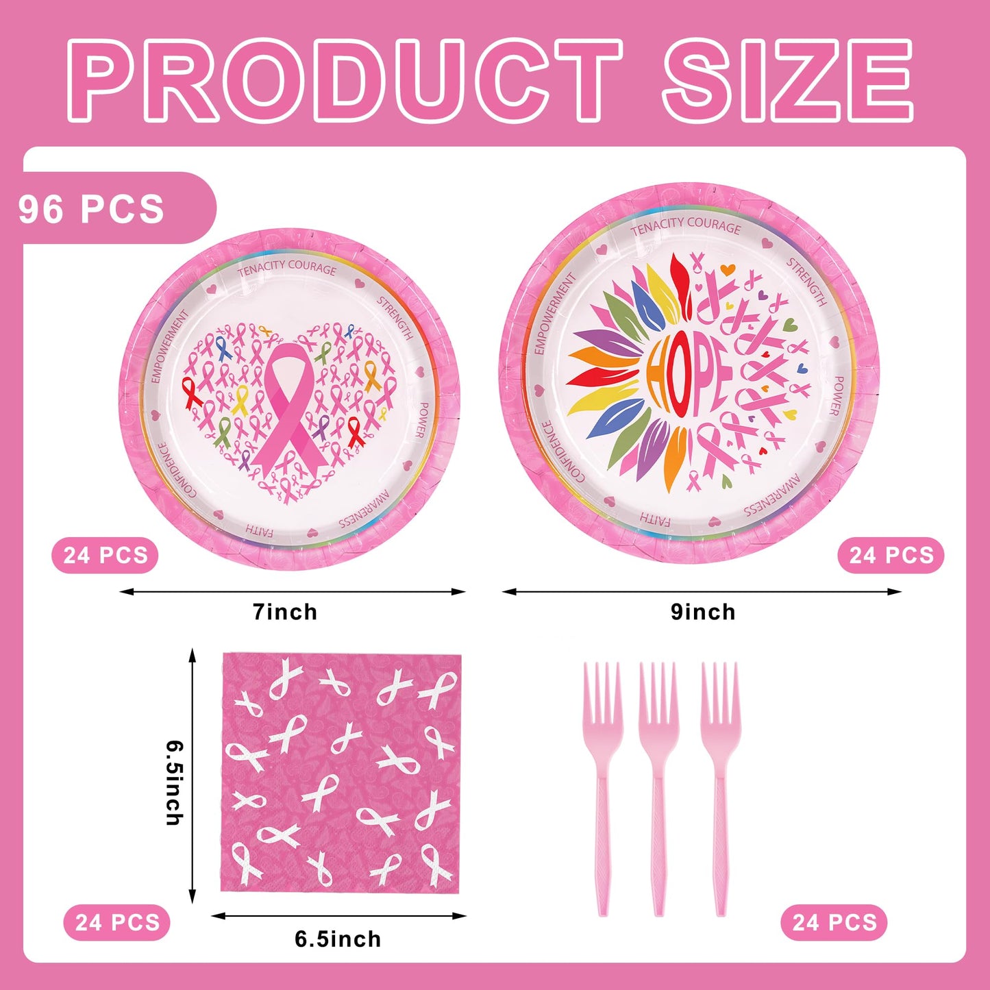 Detanpoly 96pcs Breast Cancer Awareness Pink Ribbon Plates Napkins Forks Set
