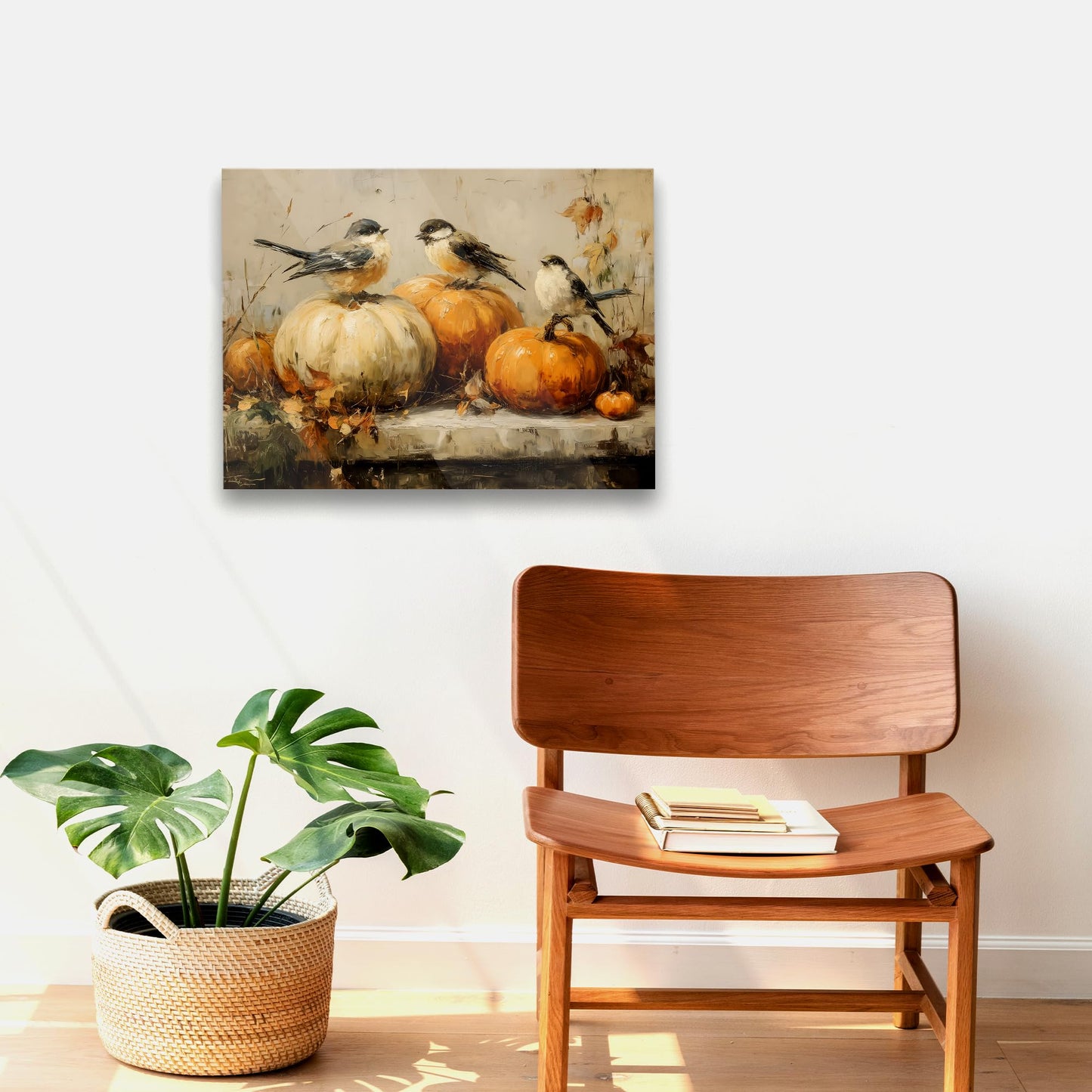 Pugwak Vintage Fall Pumpkin Bird Wall Art Canvas Print 11x14 Inch Landscape