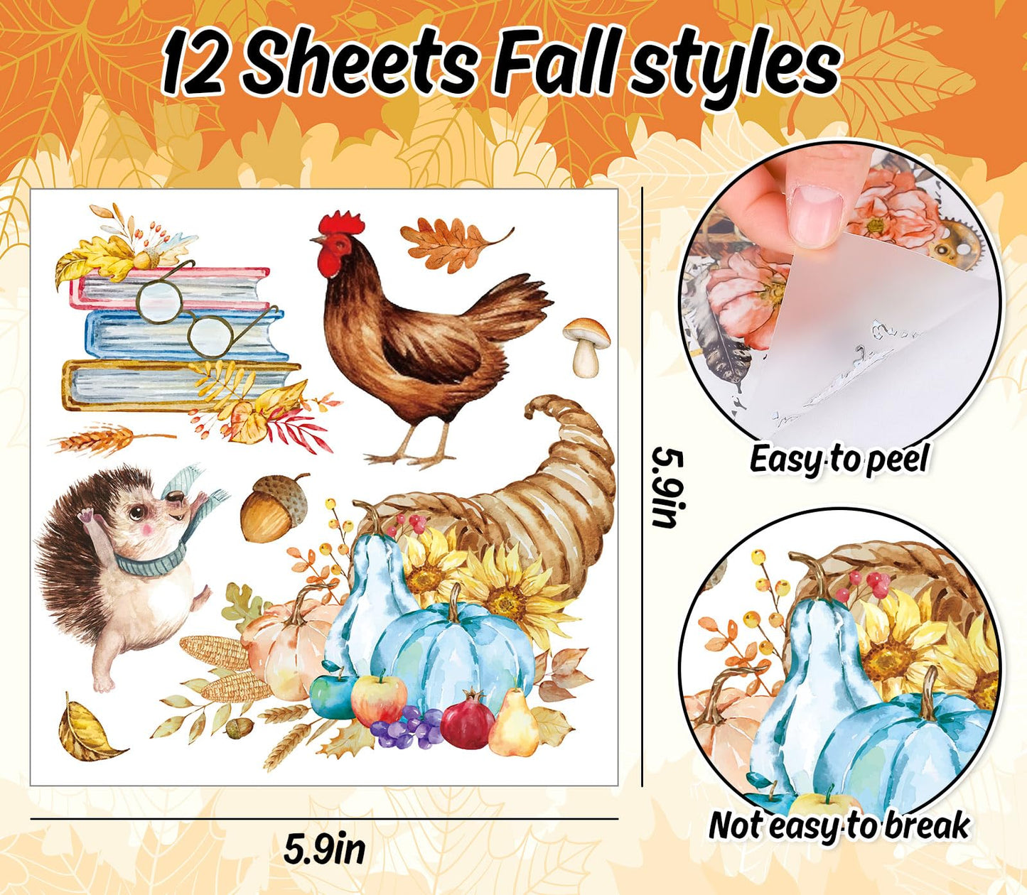 Whaline Fall Rub on Transfers 12 Sheets Autumn Pumpkin Farm Animal 5.9x5.9 Inch