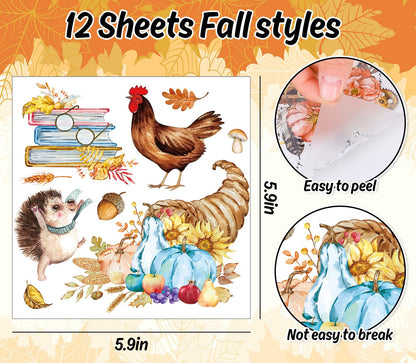 Whaline Fall Rub on Transfers 12 Sheets Autumn Pumpkin Farm Animal 5.9x5.9 Inch