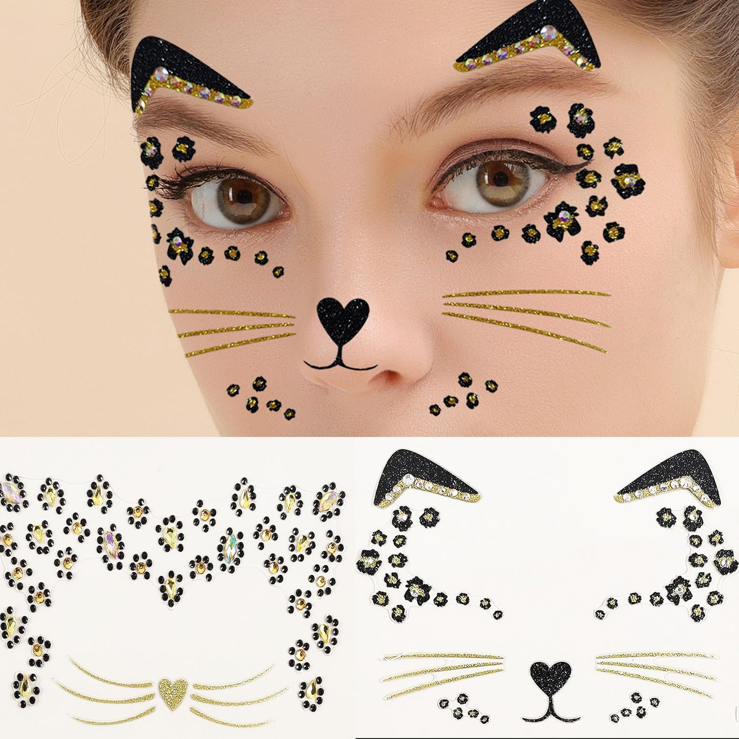 eyigylyo Cat Face Gems Black Cat Temporary Tattoo Halloween Festival Rave