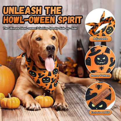 Awumbuk Halloween Dog Bandanas 2 Pack Reversible Pumpkin Spider Web Black